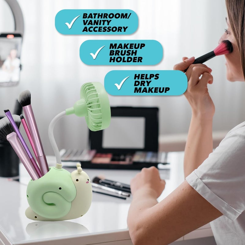 Ennotek Cute Snail Desk Fan with Pen Caddie – USB Plug‑In Table Fan with Strong Airflow & Small Backup Battery – Fun Office Desk Accessories for Home, School & Work (Green Snail) - Image 4